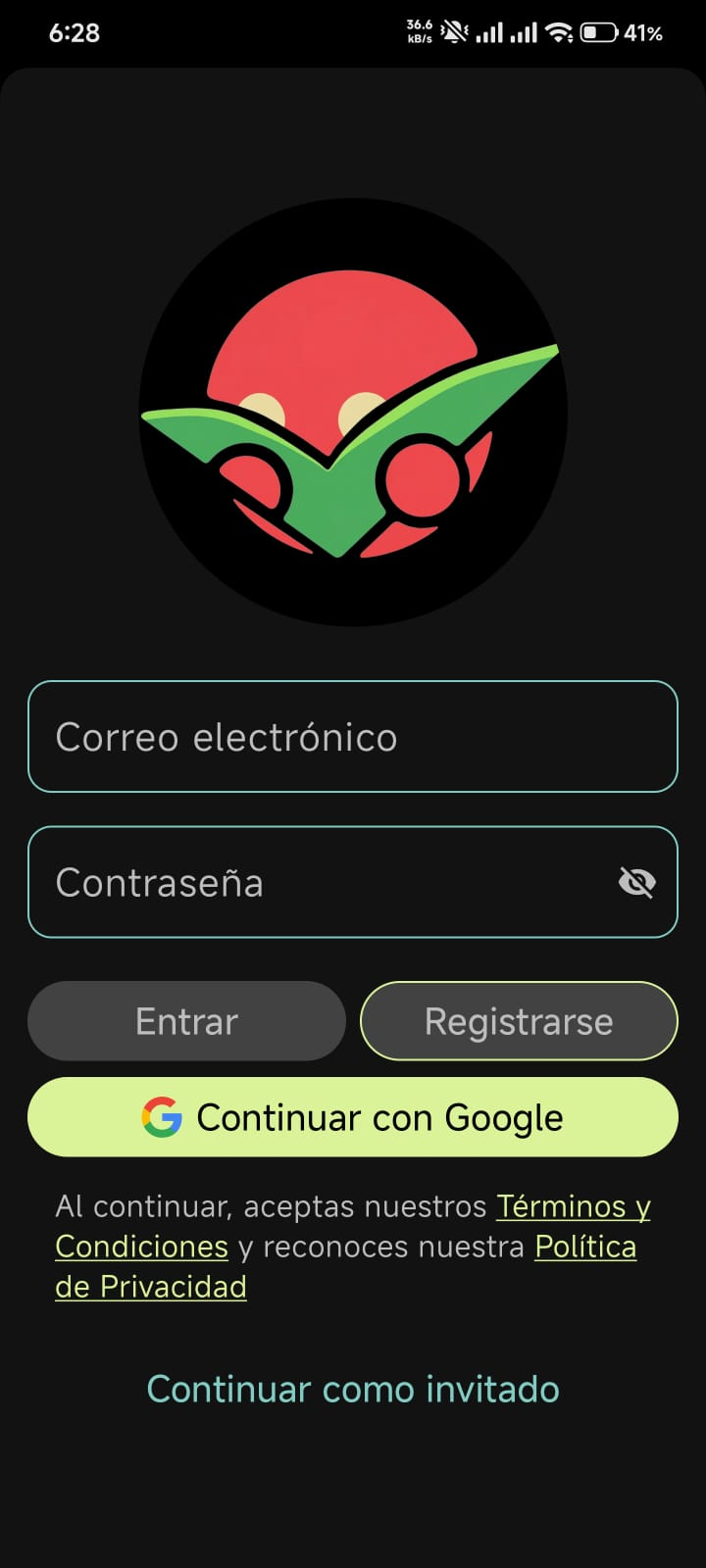 Pantalla de inicio de sesión de la app