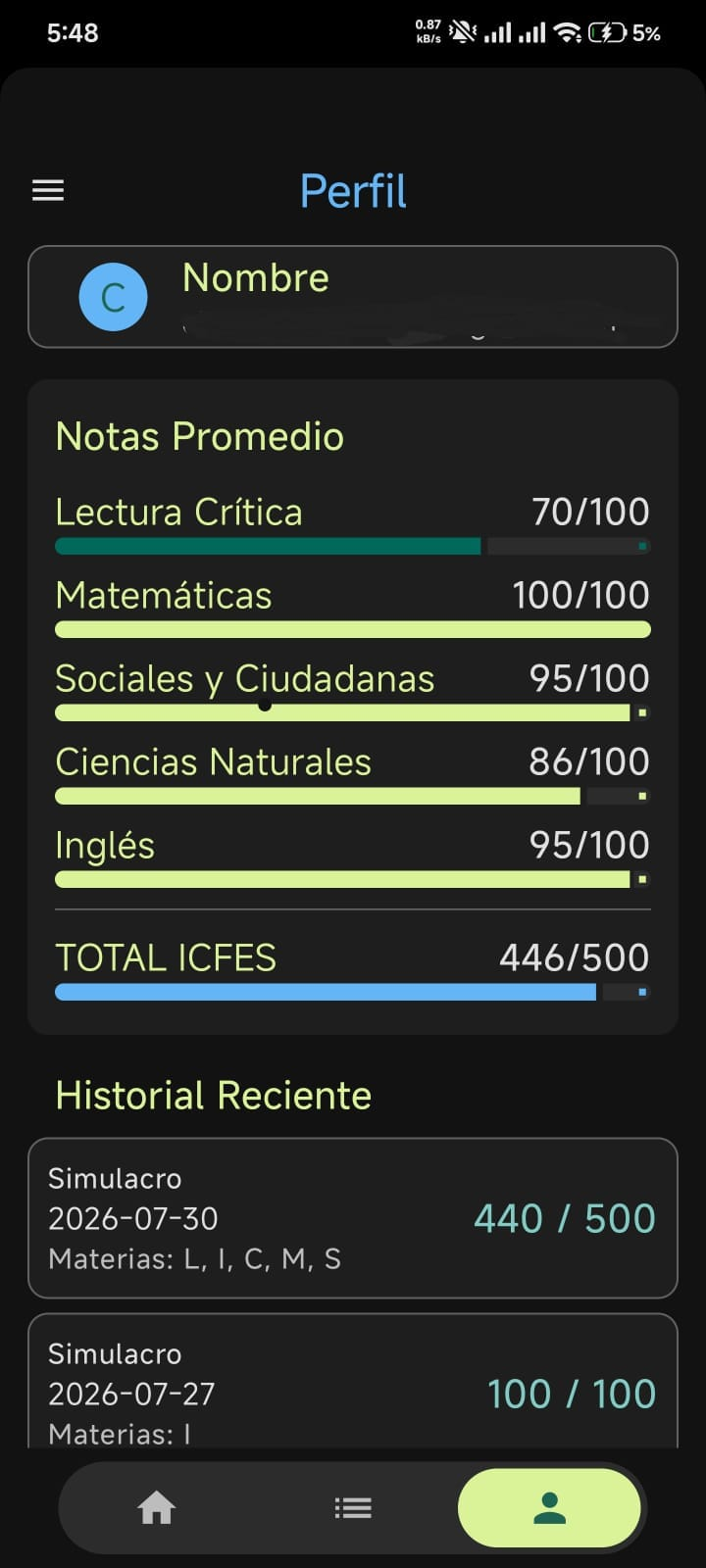 Perfil de progreso en la app